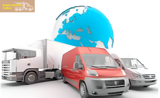 A truck and a car are positioned beside a globe, symbolizing economical international moving Dubai.