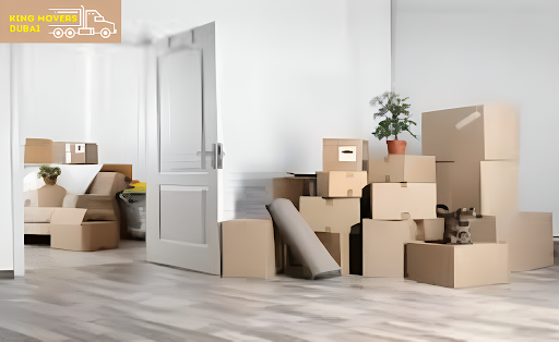 A room filled with boxes and a cat sitting on the floor, representing local moving services in Dubai.