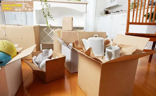 Moving boxes and various items scattered on the floor, indicating packing and unpacking for villas.