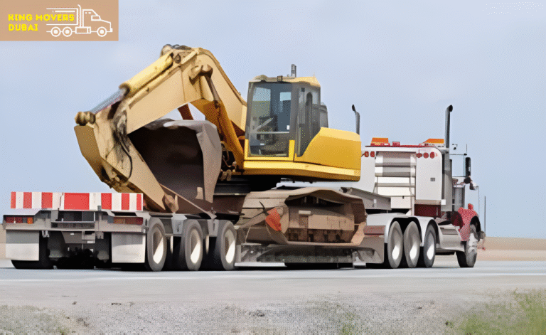 A large truck transporting a bulldozer, showcasing heavy equipment transportation.