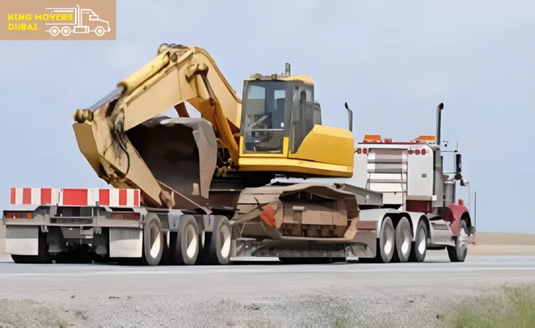 A large truck transporting a bulldozer, showcasing heavy equipment transportation.