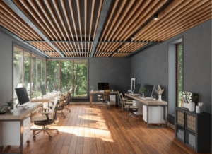 A modern office featuring a wooden ceiling and floor, designed for a studio apartment moving setup.