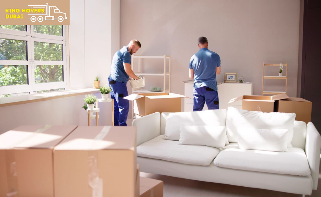 Two men carrying boxes in a living room, part of a moving service in Palm Jumeirah.