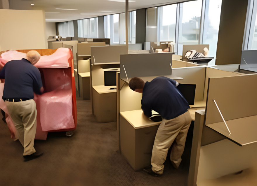 Two men are moving a pink box into an office, representing the services of Office Movers Dubai.